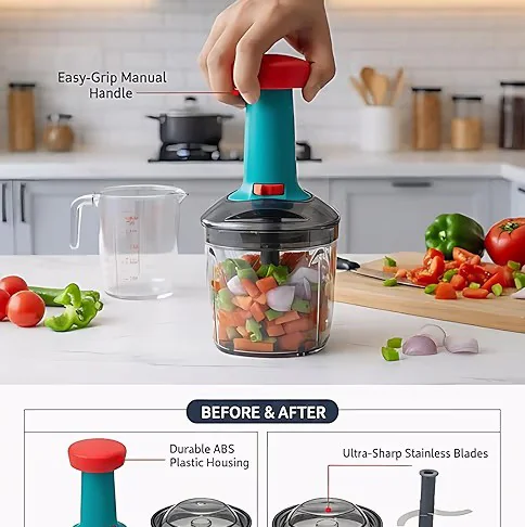 Push chopper 1100ml  | 6 Stainless Steel Blades | Heavy Duty Hand Press Onion & Food Cutter for Kitchen | Large manual handpress vegetable chopper 2