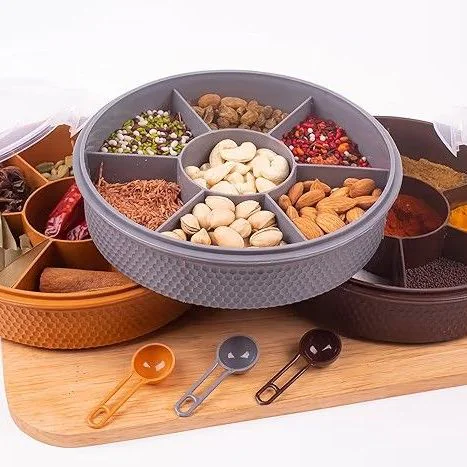 7Section Round Shape Multi-Purpose Storage Box for Storing Spice, Dry Fruits, Herbs, Masala Box with Transparent Lid Leak Proof, Air Tight Plastic Masala Dabba | Masala Container