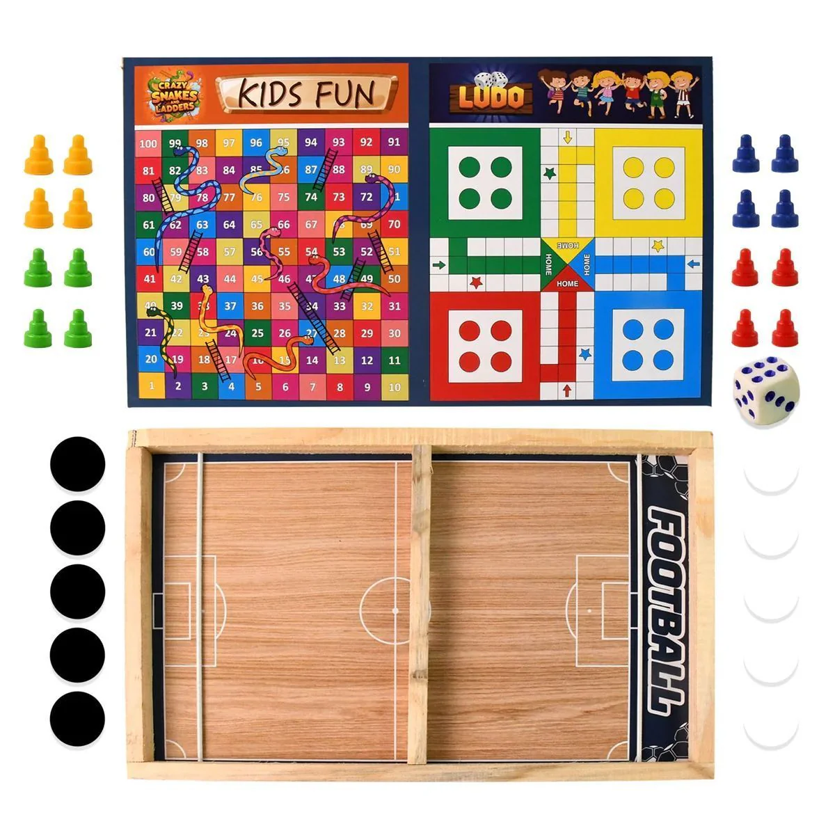 Wooden Board Game Set – Ludo, Snakes & Ladders, and Desktop Football (3-in-1) 4